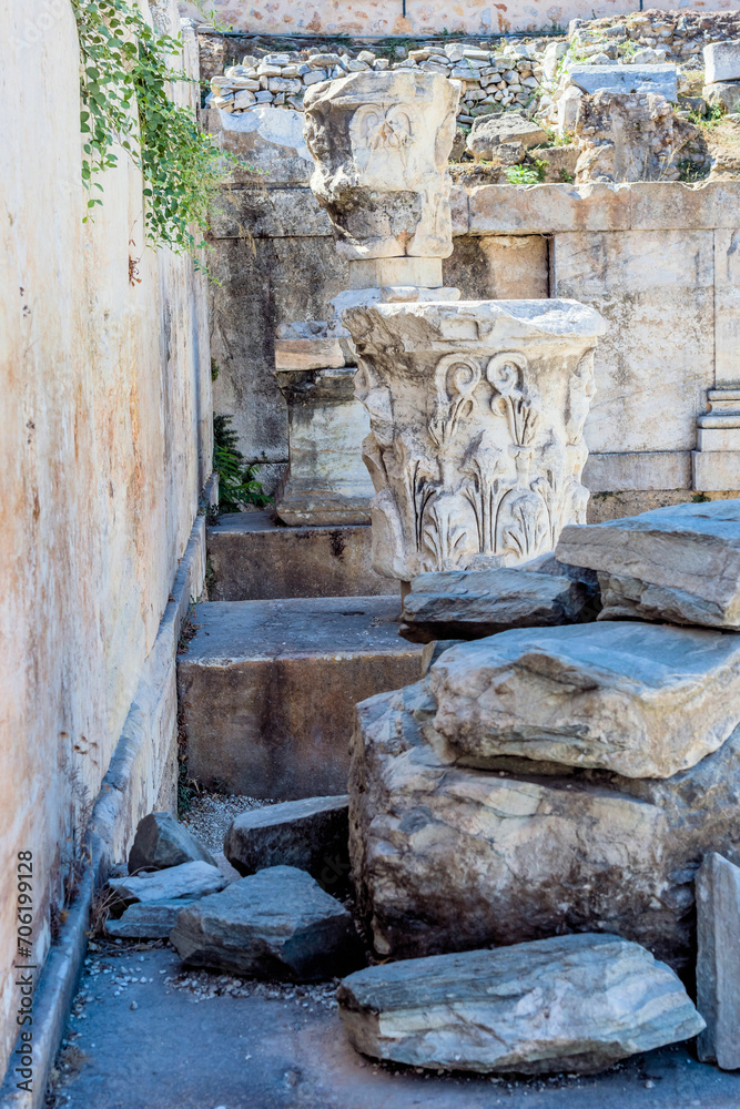 Ruins at archeological site of Hadrian’s Library in Athens, Greece.