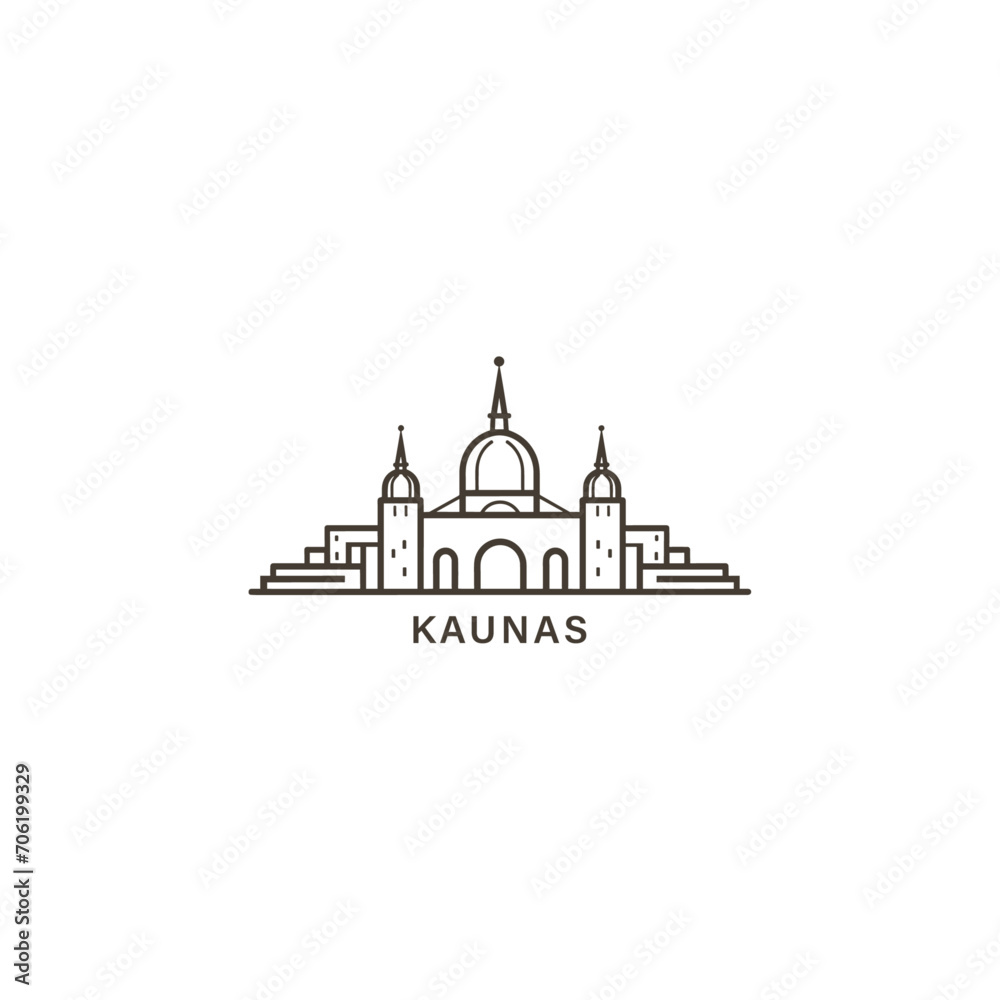 Kaunas cityscape skyline city panorama vector flat modern logo icon. Lithuania emblem idea with landmarks and building silhouettes. Isolated thin line graphic