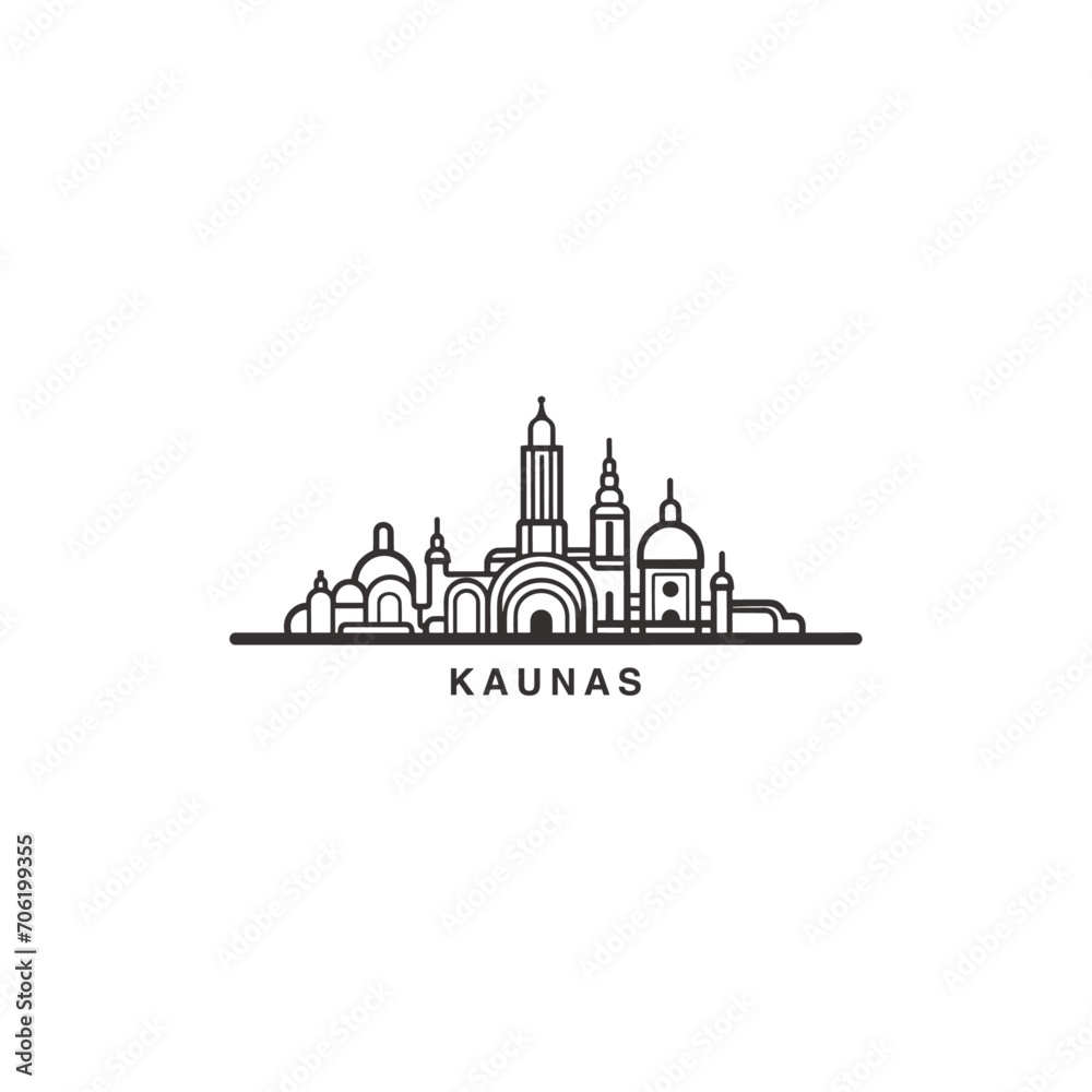 Kaunas cityscape skyline city panorama vector flat modern logo icon. Lithuania emblem idea with landmarks and building silhouettes. Isolated thin line graphic