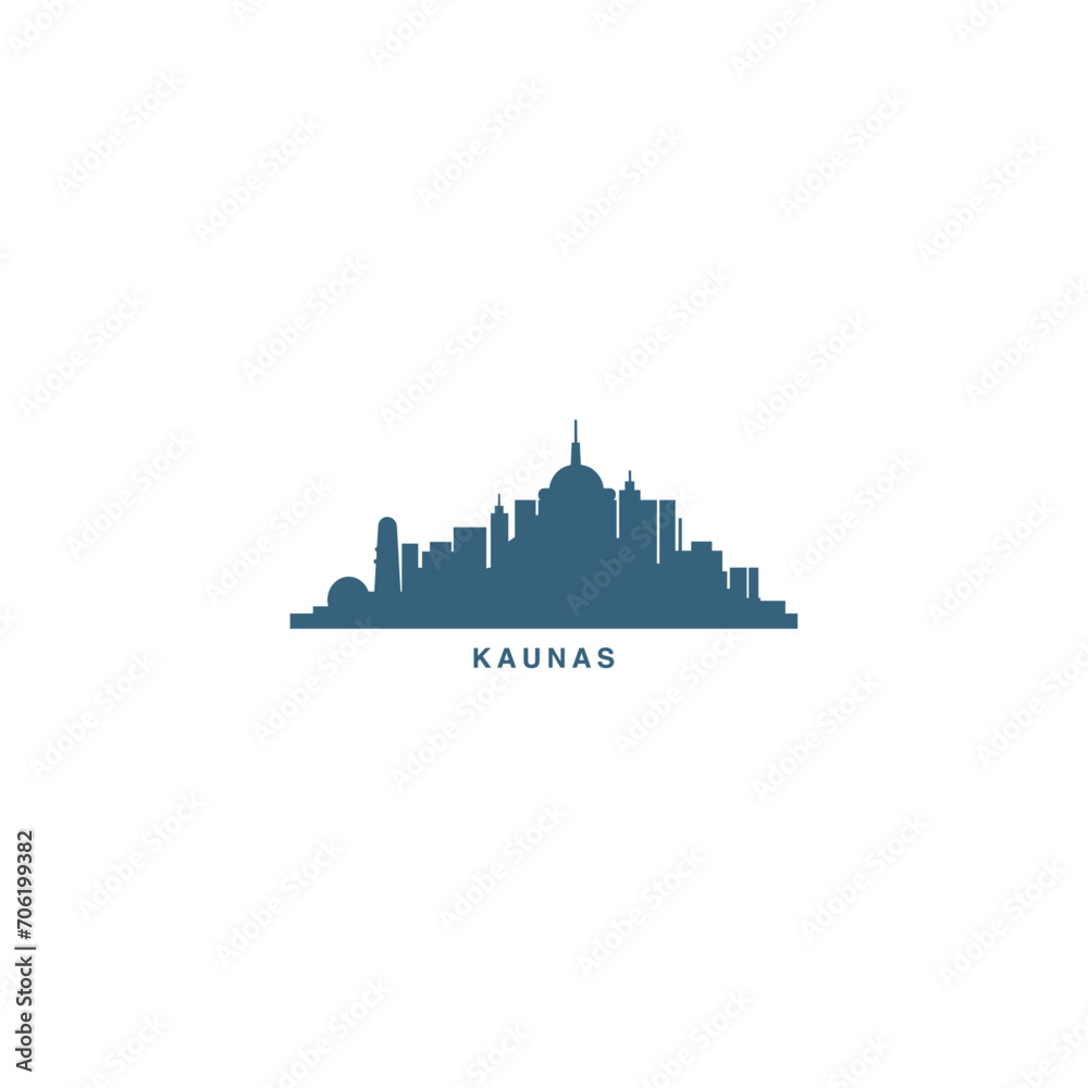 Kaunas cityscape skyline city panorama vector flat modern logo icon. Lithuania emblem idea with landmarks and building silhouettes. Isolated black shape graphic