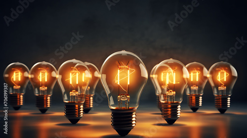 Light bulb idea. light bulb shines next to the extinguished ones. Leadership, inspiration, right decision and energy saving concept.