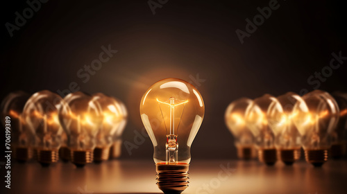 Light bulb idea. light bulb shines next to the extinguished ones. Leadership, inspiration, right decision and energy saving concept.