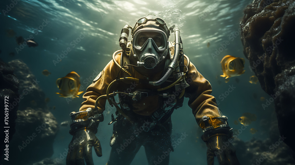Man in diving suit stands on tank underwater Man in diving suit stands on tank underwater