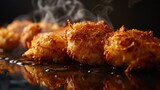  a close up of food on a table with steam coming out of the top of the food and smoke coming out of the top of the food.