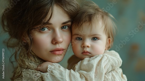 Intimate Maternal Gaze: Young Mother and Child in Vintage Lace