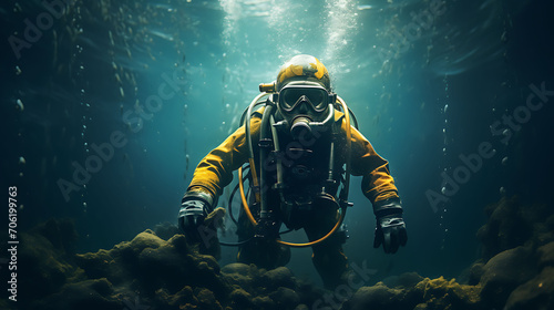 Man in diving suit stands on tank underwater