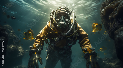 Man in diving suit stands on tank underwater