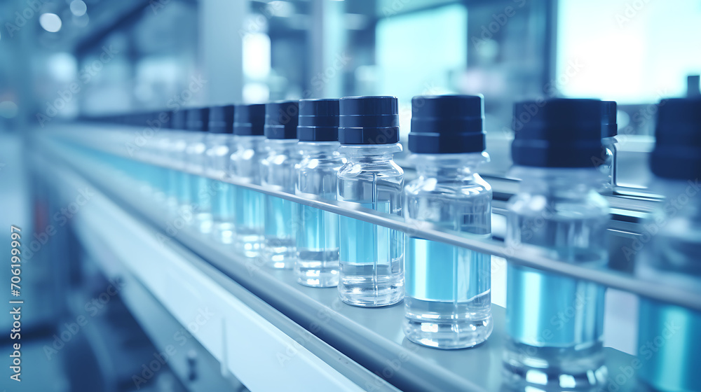 Medical vials on production line at pharmaceutical factory, Pharmaceutical machine working pharmaceutical glass bottles Medical vials on production line at pharmaceutical factory, Pharmaceutical machine working pharmaceutical glass bottles