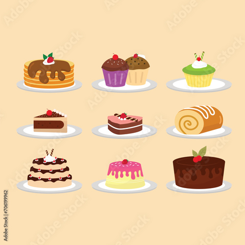 vector sweet desserts collection in flat style, Birthday cake, cup cake, pancake, sponge cake, and rolled cake.