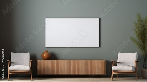 Mockup frame on cabinet in living room interior on empty dark wall background., © Sajid