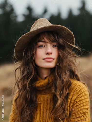 Stylish young woman in a warm yellow sweater and hat, exuding natural beauty and autumn comfort.