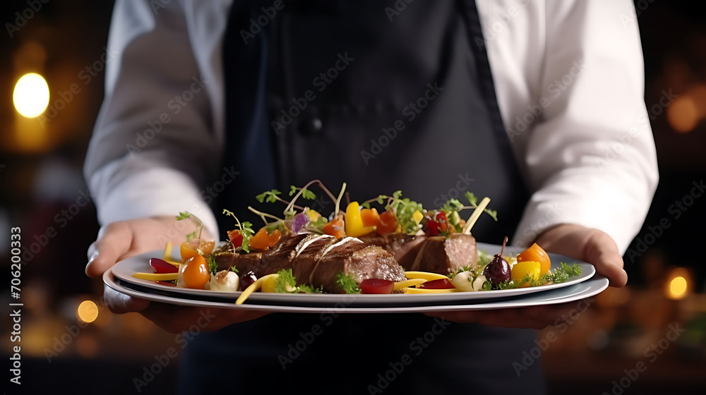 Modern food stylist decorating meal for presentation in restaurant. Closeup of food stylish. Restaurant serving. Close-up on the hand of a waiter carrying
