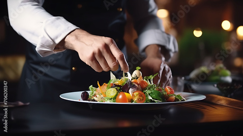 Modern food stylist decorating meal for presentation in restaurant. Closeup of food stylish. Restaurant serving. Close-up on the hand of a waiter carrying