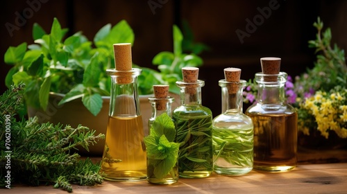 essential oils in beautiful bottles on the table, Assorted natural oils in glass bottles on a wooden background. concept of harmony, relax, spa. Healthy lifestyle.