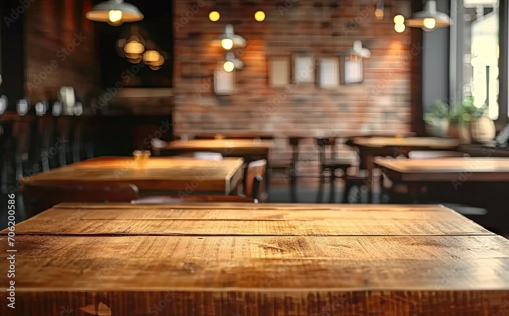 Rustic elegance. Wooden table in cozy cafe interior blurred background creating abstract bokeh effect ideal for showcasing restaurant design and vintage retro vibes