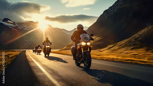Motorcyclist riding on the road. Group of motorcycle riders riding toghether. Adventure and travel concept., © Sajid