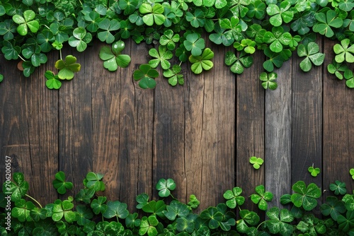 rustic wooden background with a Saint Patrick's Day theme and many wooden slats with shamrock leaves © PinkiePie