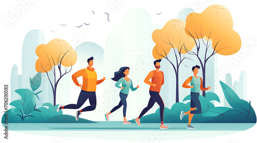 Multinational people running together along the walk path in the park. Marathon people or fitness runners during outdoor workout