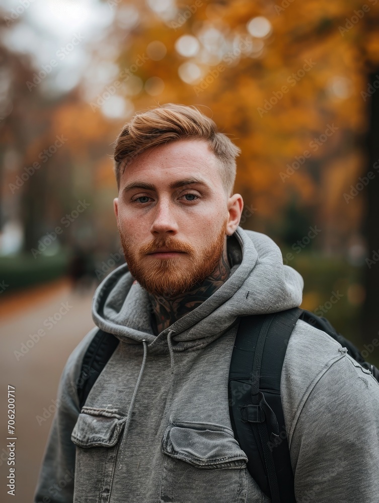 A young redheaded bearded man standing in an autumn / fall park. A young redheaded bearded man standing in an autumn / fall park.