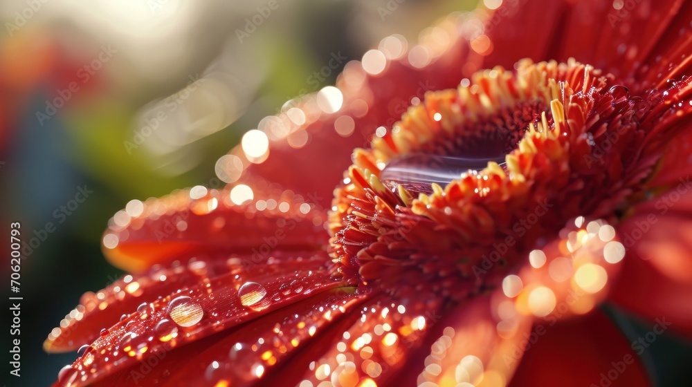  a close up of a red flower with drops of water on it's petals and a blurry background.