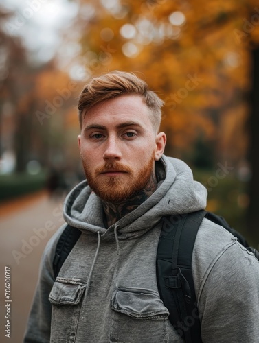 A young redheaded bearded man standing in an autumn / fall park.