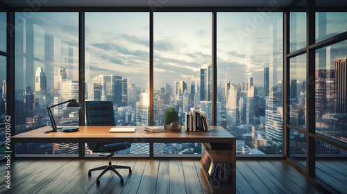 Office interior with window and city view.