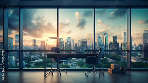 Office interior with window and city view. photo