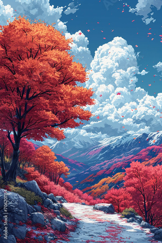 An illustration of a world where seasons blend together, creating a unique interplay of colors and patterns.
