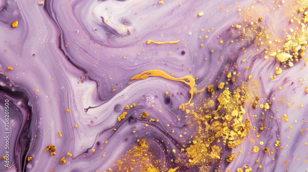  a close up of a purple and yellow liquid with gold flecks on the bottom and bottom of it.