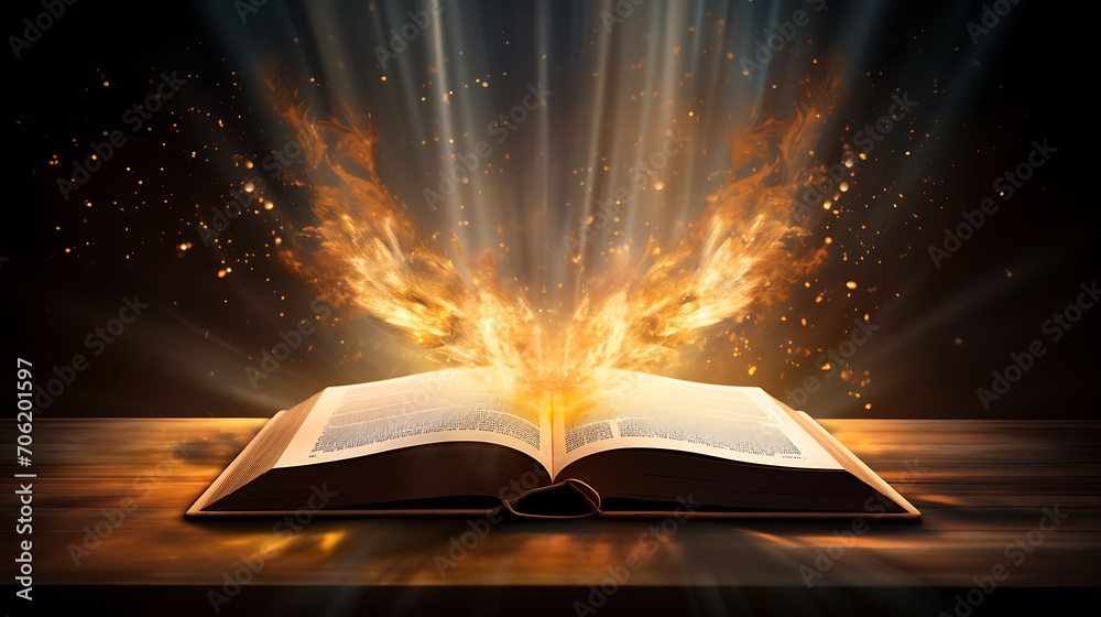 Open book Bible on wooden desk with mystic bright light fantasy light ...