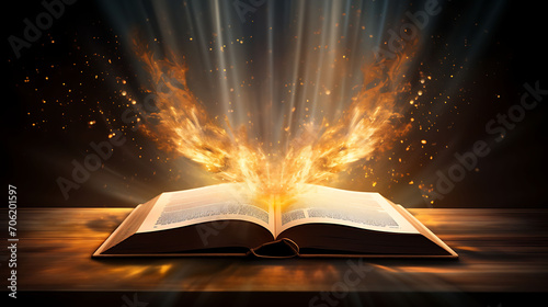 Open book Bible on wooden desk with mystic bright light fantasy light like holy spirit on black bokeh background magic poster