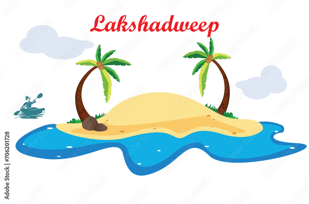 Lakshadweep red font with island vector and kayaking icon in background. 
