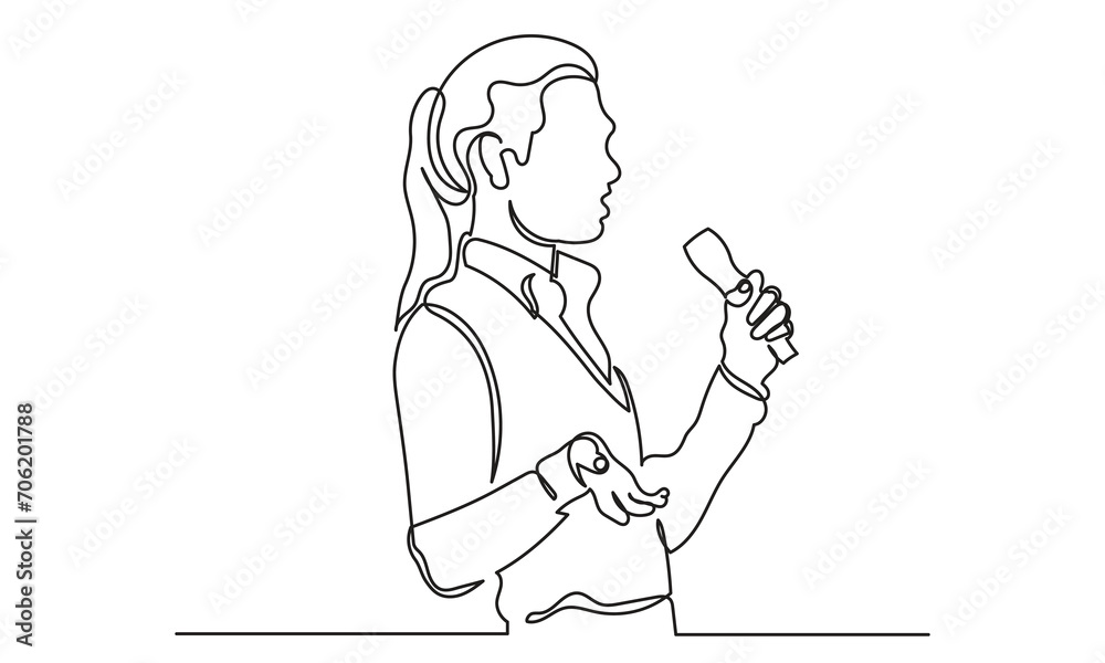 Continuous line drawing of a businesswoman speaking in front of a microphone. Concept of speech, presentation, speaker, conference, and giving instruction.single line drawing art vector illustration. Continuous line drawing of a businesswoman speaking in front of a microphone. Concept of speech, presentation, speaker, conference, and giving instruction.single line drawing art vector illustration.