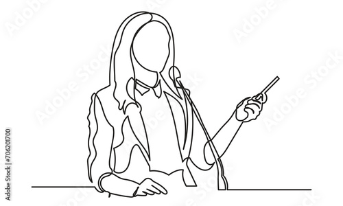 Continuous line drawing of a businesswoman speaking in front of a microphone. Concept of speech, presentation, speaker, conference, and giving instruction.single line drawing art vector illustration.