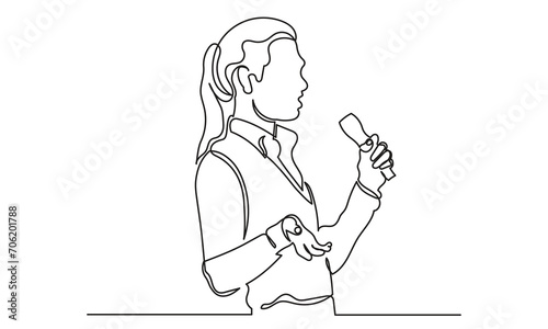Continuous line drawing of a businesswoman speaking in front of a microphone. Concept of speech, presentation, speaker, conference, and giving instruction.single line drawing art vector illustration.