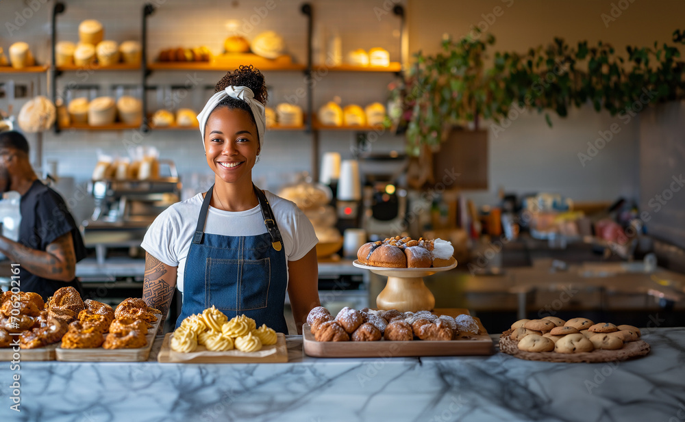 Young Baker Selling Pastries at the Front of Her Store, Small Business Owner Selling Baking, Copy Room