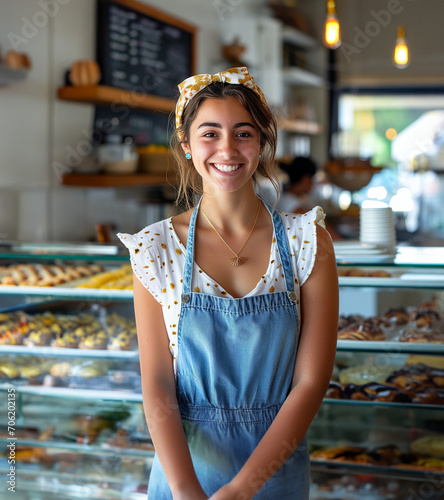 Young Ethnically Ambiguous Baker Stanking in Front of her Display with a Yello Headband photo