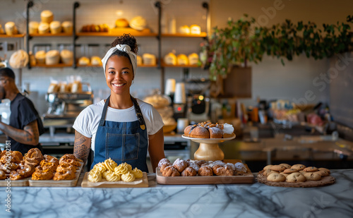 Young Baker Selling Pastries at the Front of Her Store, Small Business Owner Selling Baking, Copy Room