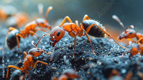 An image of a tiny ant colony transporting various crumbs to their anthill. photo