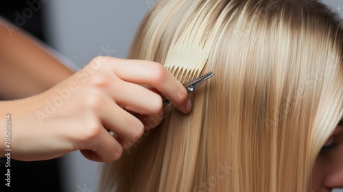 Close-up of a hairdresser's hands applying a mask to the hair of a blonde female client in a beauty salon. Small business in the service sector, work, hobbies, profession, beauty and care concepts.