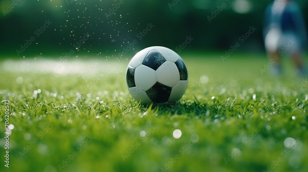 Naklejka premium Athlete in Action. Soccer Player Dribbling Ball Close-Up