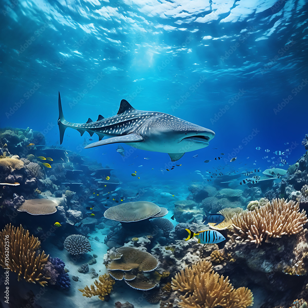 Panorama background of beautiful coral reef with marine tropical fish