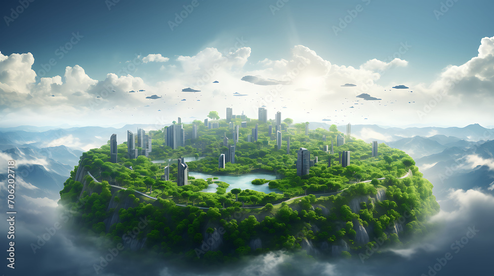 Picture of the world's continents in the clouds Among the greenery, Future environmental conservation and sustainable ESG modernization development by using technology of renewable resources