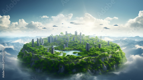 Picture of the world s continents in the clouds Among the greenery  Future environmental conservation and sustainable ESG modernization development by using technology of renewable resources