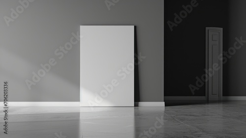  a black and white photo of a room with a door and a tall white cabinet in the corner of the room.