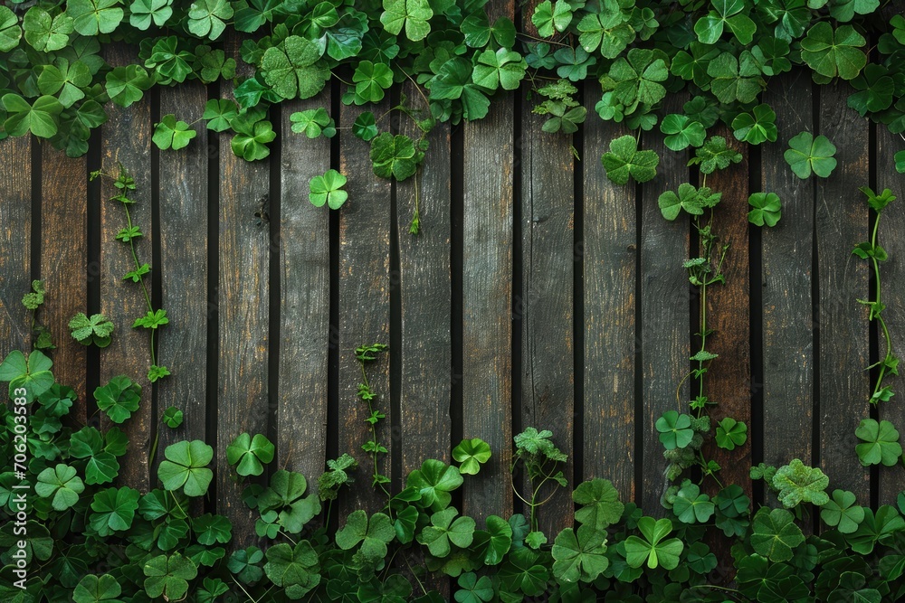 rustic wooden background with a Saint Patrick's Day theme and many wooden slats with shamrock leaves rustic wooden background with a Saint Patrick's Day theme and many wooden slats with shamrock leaves