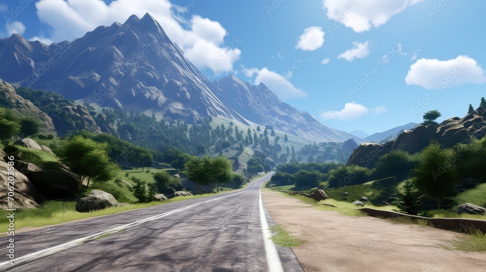Naklejka premium Asphalt road in the mountains on a background of blue sky with clouds