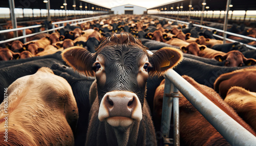 Beef cattle in an overcrowded feedlot. Feedlots concentrate animal waste and other hazardous substances that can pollute the air and the water with their runoff.  photo