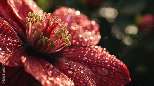  a close up of a red flower with drops of water on it s petals and a blurry background.