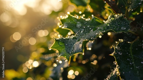  a close up of a leaf with drops of water on it and the sun shining through the leaves in the background.